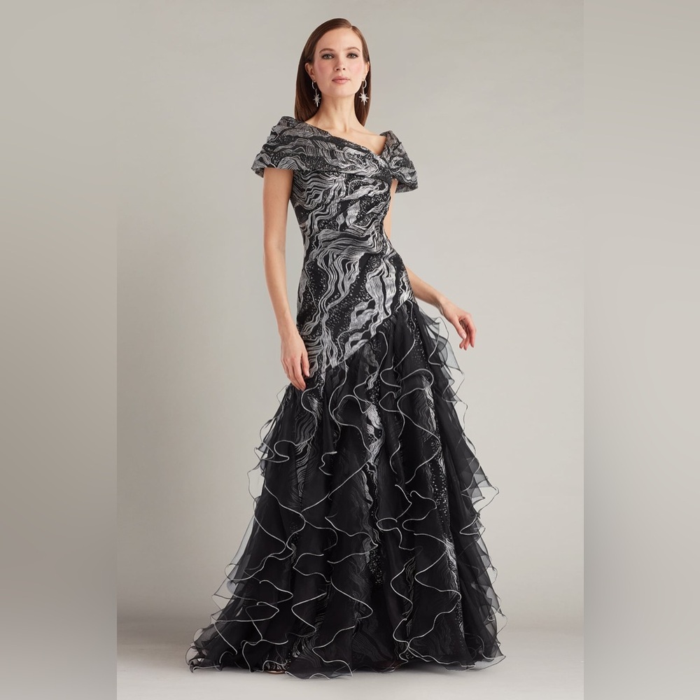 TADASHI SHOJI - COSMINA STARDUST MOTIF RUFFLE GOWN